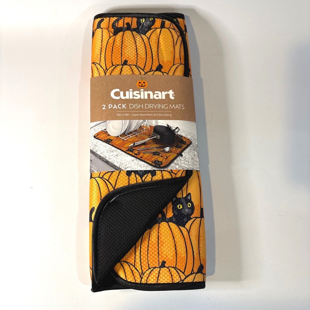 Cuisinart 2 Pack Dish Drying Mats Halloween Black Cat Pumpkin Orange 16x18 NEW